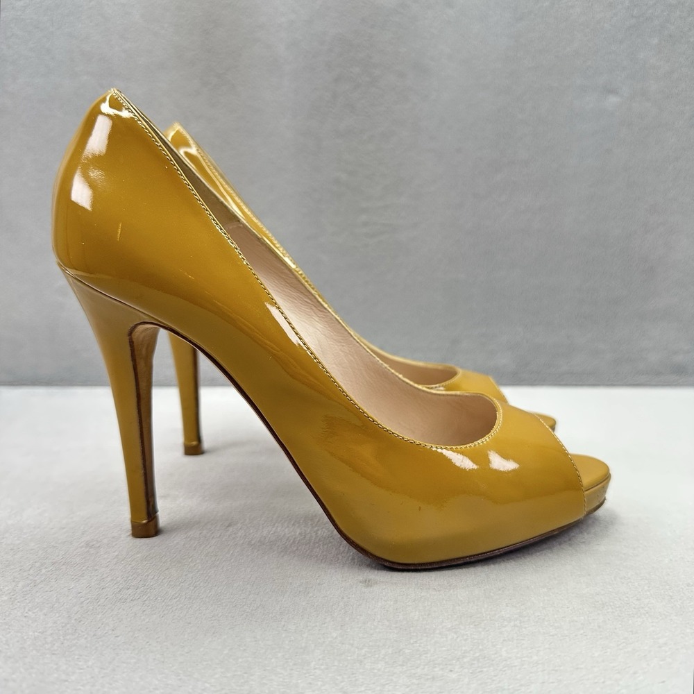 Womens 6.5 / EU 37.5 LK Bennett Pumps Mustard Patent Leather Stiletto Peep Toe